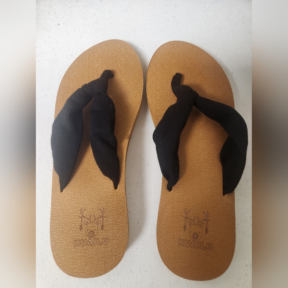 Kuailu Cloth Black and Brown Flip Flops